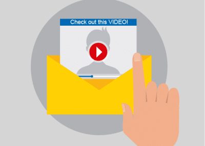 Illustration of a hand clicking on a video thumbnail inside an open yellow envelope, with the text 'Check out this VIDEO!' above the video play button