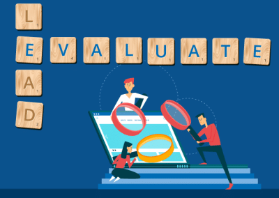 Illustration of three people analyzing a large computer screen with magnifying glasses, accompanied by Scrabble-style tiles spelling 'Evaluate' and 'Lead'