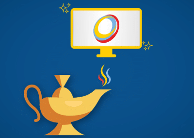 Illustration of a golden genie lamp releasing colorful smoke toward a computer monitor displaying the Creative Media Works logo